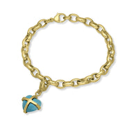 18ct Yellow Gold Turquoise Small Cross Heart Charm Bracelet, B1209