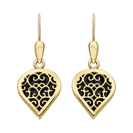18ct Yellow Gold Whitby Jet Flore Filigree Heart Drop Earrings. E2588.