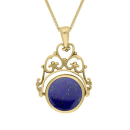 18ct Yellow Gold Whitby Jet Lapis Lazuli Double Sided Round Swivel Fob Necklace, P110_2.