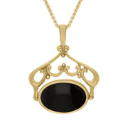 18ct Yellow Gold Whitby Jet Lapis Lazuli Ornate Double Sided Oval Swivel Fob Necklace, P116_8_2.