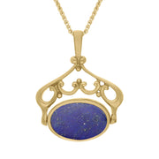 18ct Yellow Gold Whitby Jet Lapis Lazuli Ornate Double Sided Oval Swivel Fob Necklace, P116_8.