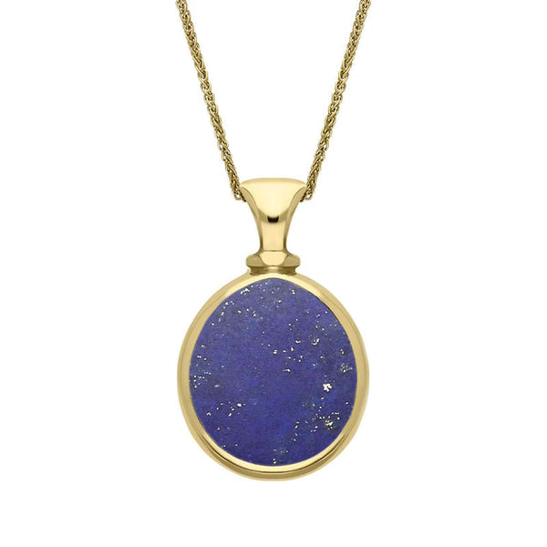 18ct Yellow Gold Whitby Jet Lapis Lazuli Small Double Sided Pear Fob Necklace, P220.