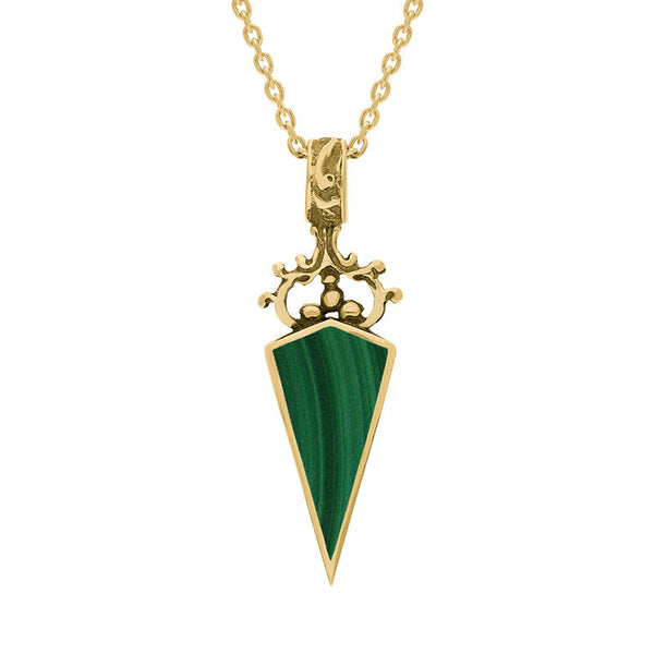 18ct Yellow Gold Whitby Jet Malachite Double Sided Scroll Top Dagger Fob Necklace, P423.