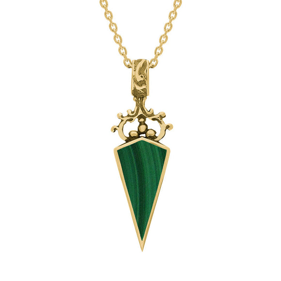 18ct Yellow Gold Whitby Jet Malachite Double Sided Scroll Top Dagger Fob Necklace, P423.