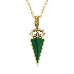 18ct Yellow Gold Whitby Jet Malachite Double Sided Scroll Top Dagger Fob Necklace, P423.