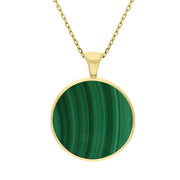 18ct Yellow Gold Whitby Jet Malachite Large Double Sided Round Fob Necklace, P012.