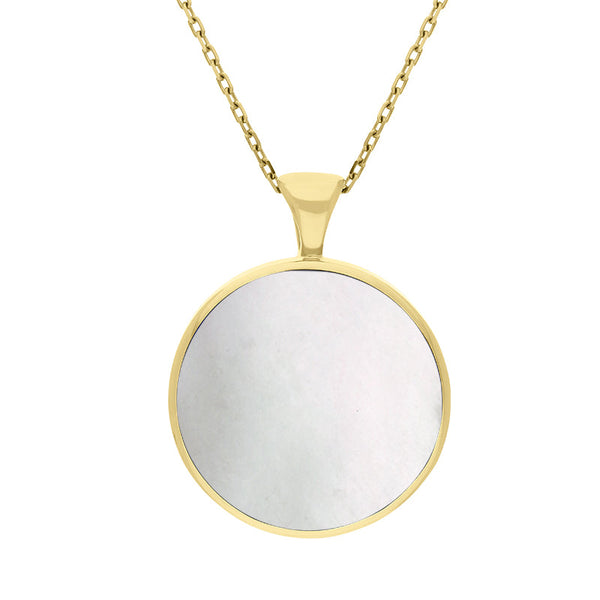18ct Yellow Gold Whitby Jet Mother Of Pearl Large Double Sided Round Fob Necklace, P012.