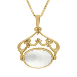 18ct Yellow Gold Whitby Jet Mother Of Pearl Ornate Double Sided Oval Swivel Fob Necklace, P116_8.