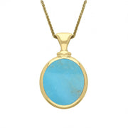 18ct Yellow Gold Whitby Jet Turquoise Small Double Sided Oval Fob Necklace, P219.