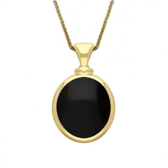 18ct Yellow Gold Whitby Jet Turquoise Small Double Sided Oval Fob Necklace, P219_2.