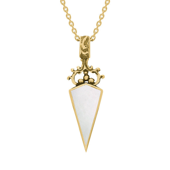 18ct Yellow Gold Whitby Jet White Mother Of Pearl Double Sided Scroll Top Dagger Fob Necklace, P423.