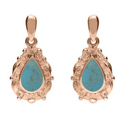 18ct Rose Gold Turquoise Pear Shaped Leaf Drop Earrings, E083.