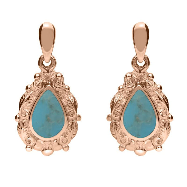 18ct Rose Gold Turquoise Pear Shaped Leaf Drop Earrings, E083.