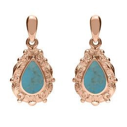 18ct Rose Gold Turquoise Pear Shaped Leaf Drop Earrings, E083.