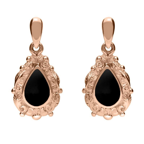18ct Rose Gold Whitby Jet Pear Shaped Leaf Drop Earrings, E083.