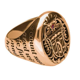 18ct Rose Gold Whitby Jet Ruby Dracula Crest Replica Signet Ring. R622. 
