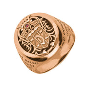 18ct Rose Gold Whitby Jet Ruby Dracula Crest Replica Signet Ring. R622. 