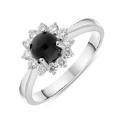 18ct White Gold Whitby Jet 0.40ct Diamond Round Flower Ring. R1027.