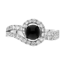 18ct White Gold Whitby Jet 0.89ct Diamond Swirl Top Double Shoulder Ring. R1025.