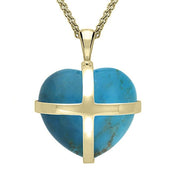 18ct Yellow Gold Turquoise Large Cross Heart Necklace, P1542.