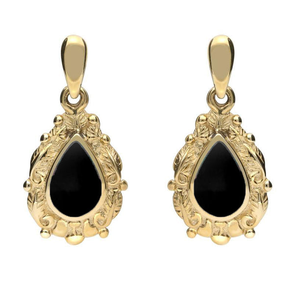 18ct Yellow Gold Whitby Jet Pear Shaped Leaf Drop Earrings, E083.