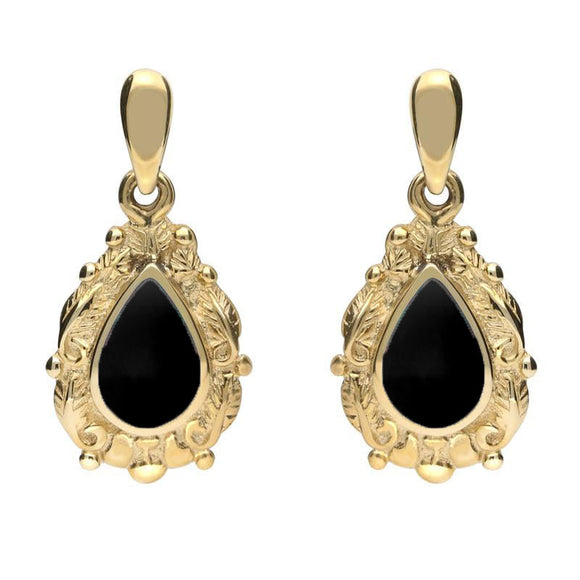 18ct Yellow Gold Whitby Jet Pear Shaped Leaf Drop Earrings, E083.