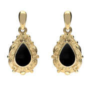 18ct Yellow Gold Whitby Jet Pear Shaped Leaf Drop Earrings, E083.