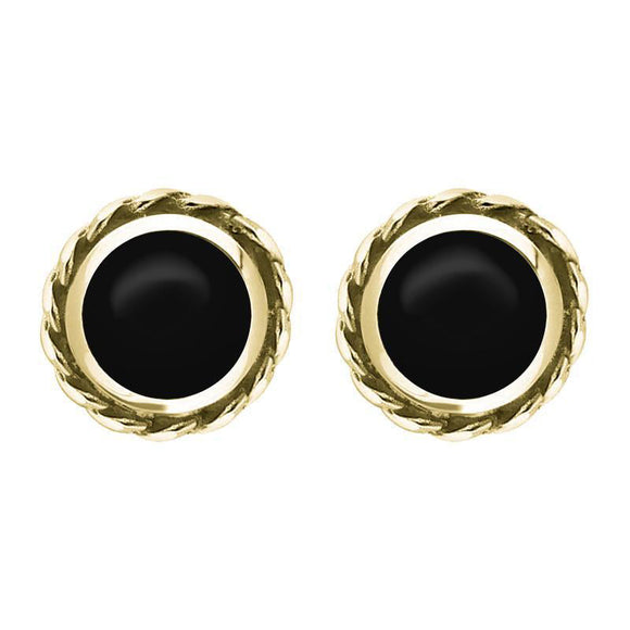18ct Yellow Gold Whitby Jet Round Twist Edge Stud Earrings. E134.