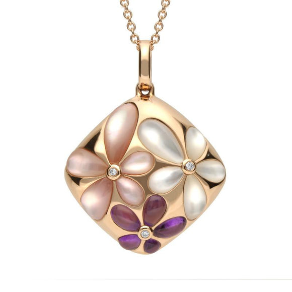 18ct Rose Gold Amethyst Mother of Pearl 0.02 Carat Diamond Pendant P3077