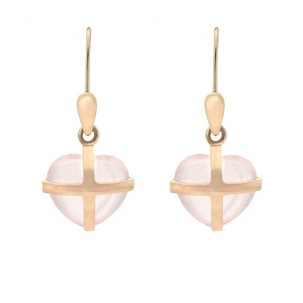 18ct Rose Gold Rose Quartz Small Cross Heart Drop Earrings E1287