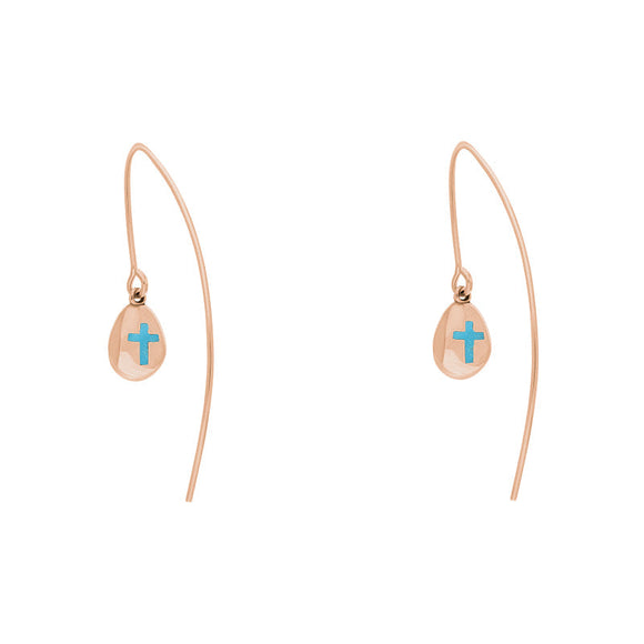 18ct Rose Gold Turquoise Cross Disc Drop Earrings, E1374.