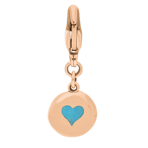 18ct Rose Gold Turquoise Round Shaped Heart Clip Charm, G665.