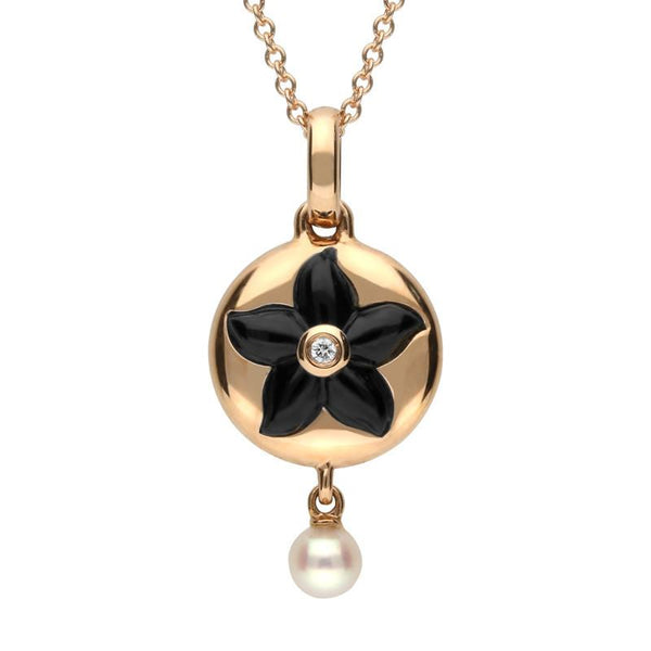 18ct Rose Gold Whitby Jet 0.007 Carat Diamond Flower Necklace p3059