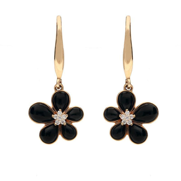 18ct Rose Gold Whitby Jet 0.05ct Diamond Flower Drop Earrings, E2050.
