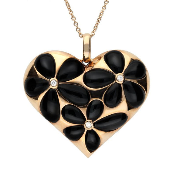 18ct Rose Gold Whitby Jet 0.05 Carat Diamond Large Heart Pendant P2749