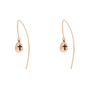 18ct Rose Gold Whitby Jet Cross Disc Drop Earrings, E1374.