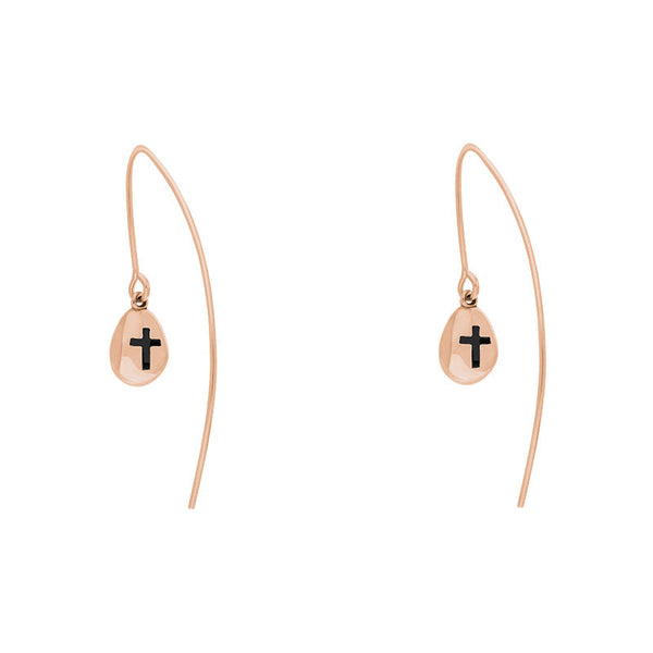 18ct Rose Gold Whitby Jet Cross Disc Drop Earrings, E1374.
