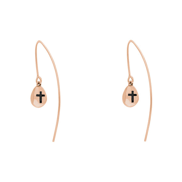 18ct Rose Gold Whitby Jet Cross Disc Drop Earrings, E1374.