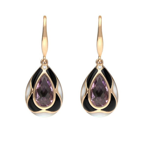 18ct Rose Gold Whitby Jet Diamond Amethyst Mother of Pearl Drop Earrings