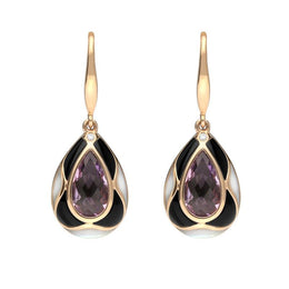 18ct Rose Gold Whitby Jet Diamond Amethyst Mother of Pearl Drop Earrings