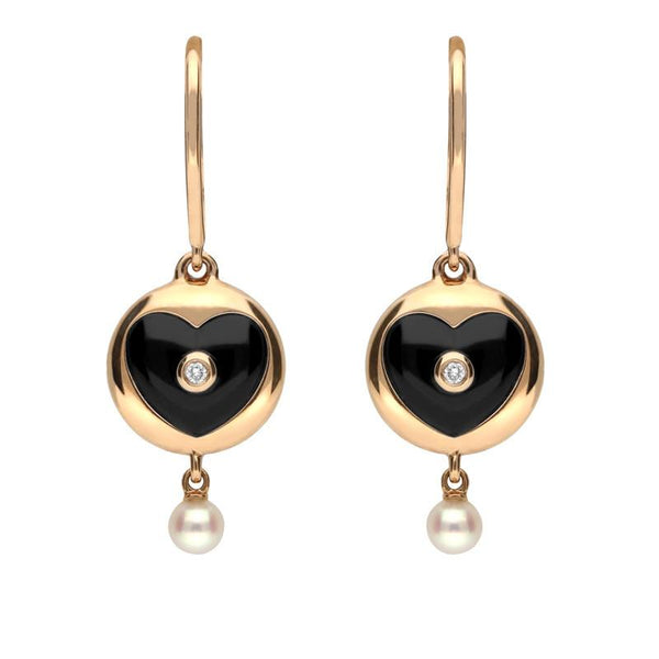 18ct Rose Gold Whitby Jet Diamond Pearl Heart Drop Earrings, E2289.
