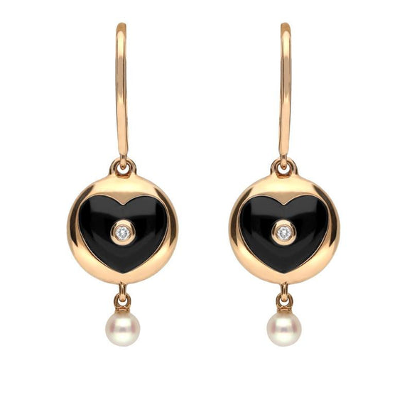 18ct Rose Gold Whitby Jet Diamond Pearl Heart Drop Earrings, E2289.