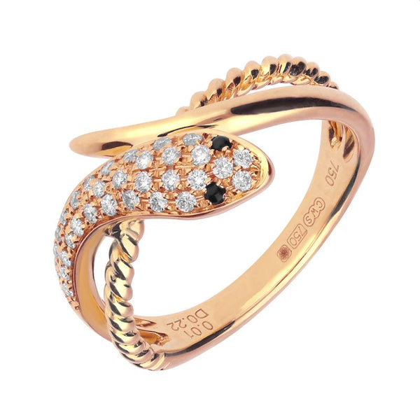 18ct Rose Gold Whitby Jet Diamond Twist Snake Ring R1105