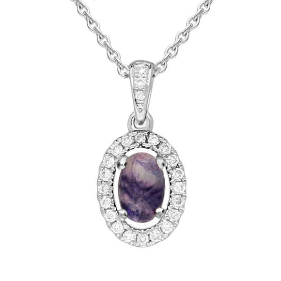 18ct White Gold Blue John 0.10ct Diamond Set Oval Necklace