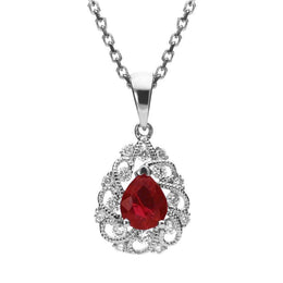 18ct White Gold Ruby and Diamond Pear Swirl Necklace. P3183