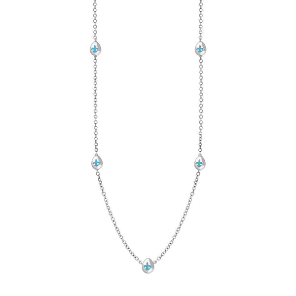 18ct White Gold Turquoise Fleur De Lis Link Disc Chain Necklace, N747.