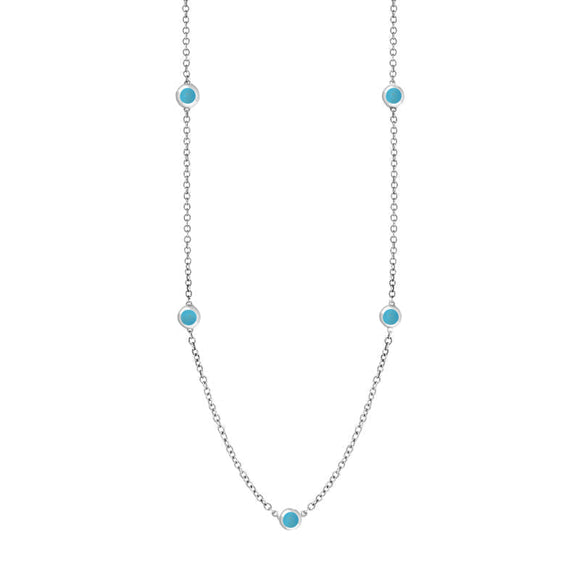 18ct White Gold Turquoise Heart Link Disc Chain Necklace, N746.