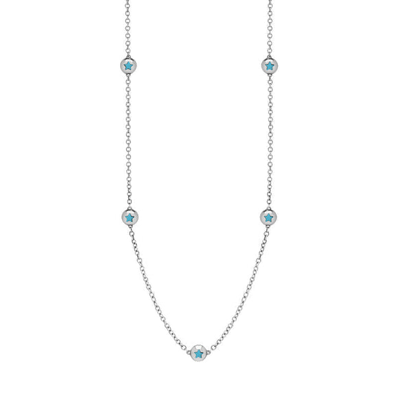 18ct White Gold Turquoise Star Link Disc Chain Necklace, N744.