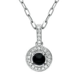 18ct White Gold Whitby Jet 0.10ct Diamond Pave Surround Necklace, P2834