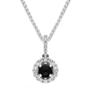 18ct White Gold Whitby Jet 0.14ct Diamond Round Necklace P3326